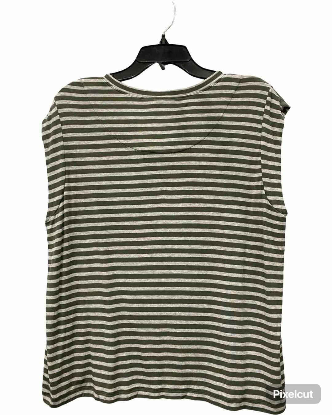 Cabi Size L Grey Green Stripe Short Sleeve Shirts
