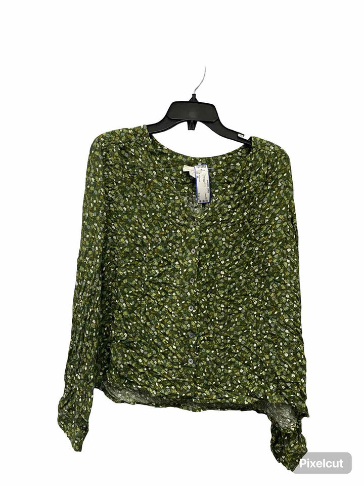 Garnet Hill Size 14 Green Print Long Sleeve Shirts