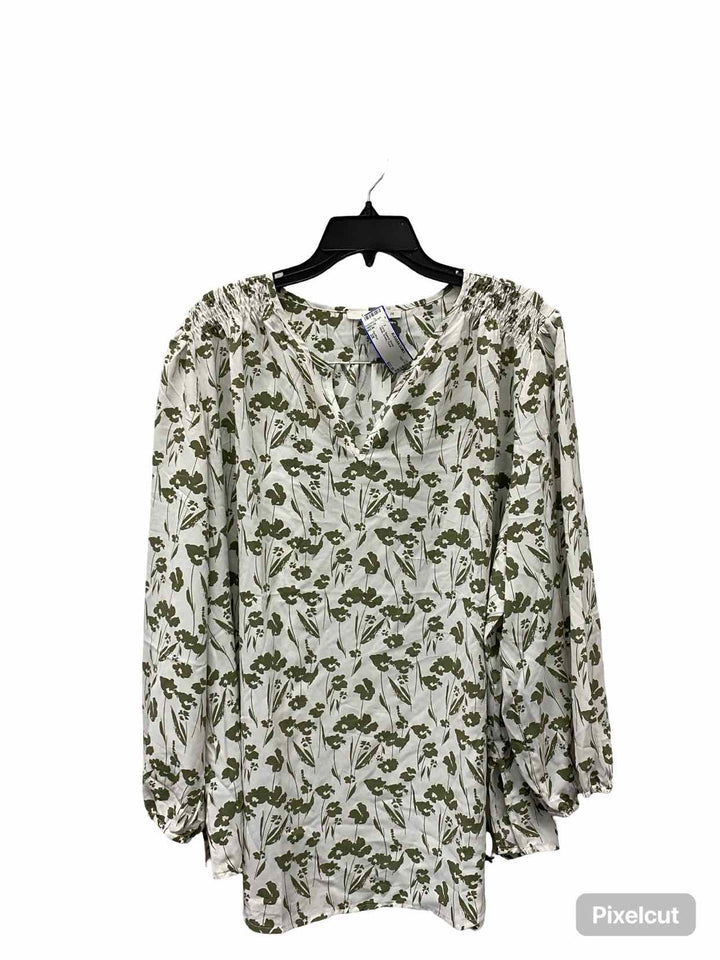 fun2fun Size 2X White Green Floral Long Sleeve Shirts
