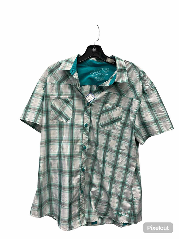 Kuhl Size XL Teal White Plaid Short Sleeve Shirts