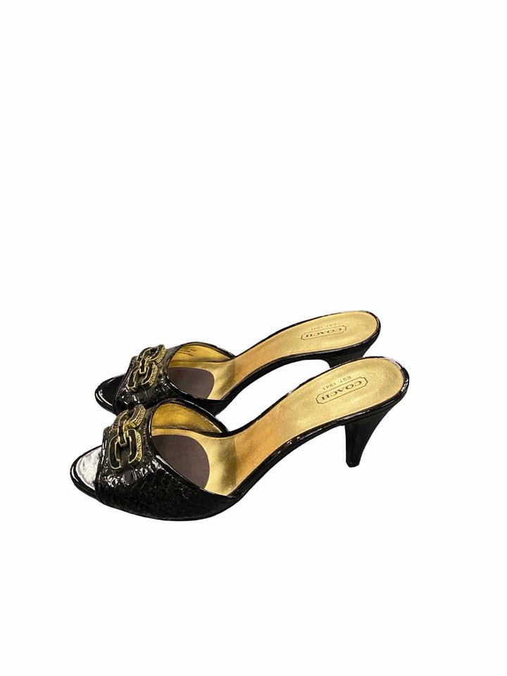 COACH Shoe Size 8 Black Gold Leather Hazel Logo Slip On Mule Heels