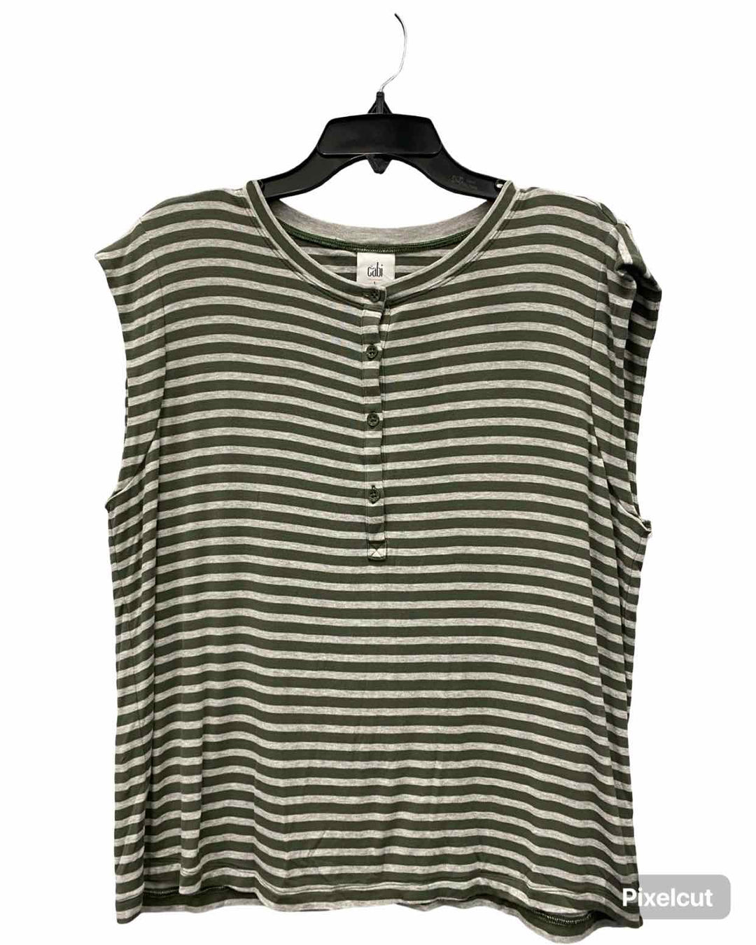 Cabi Size L Grey Green Stripe Short Sleeve Shirts