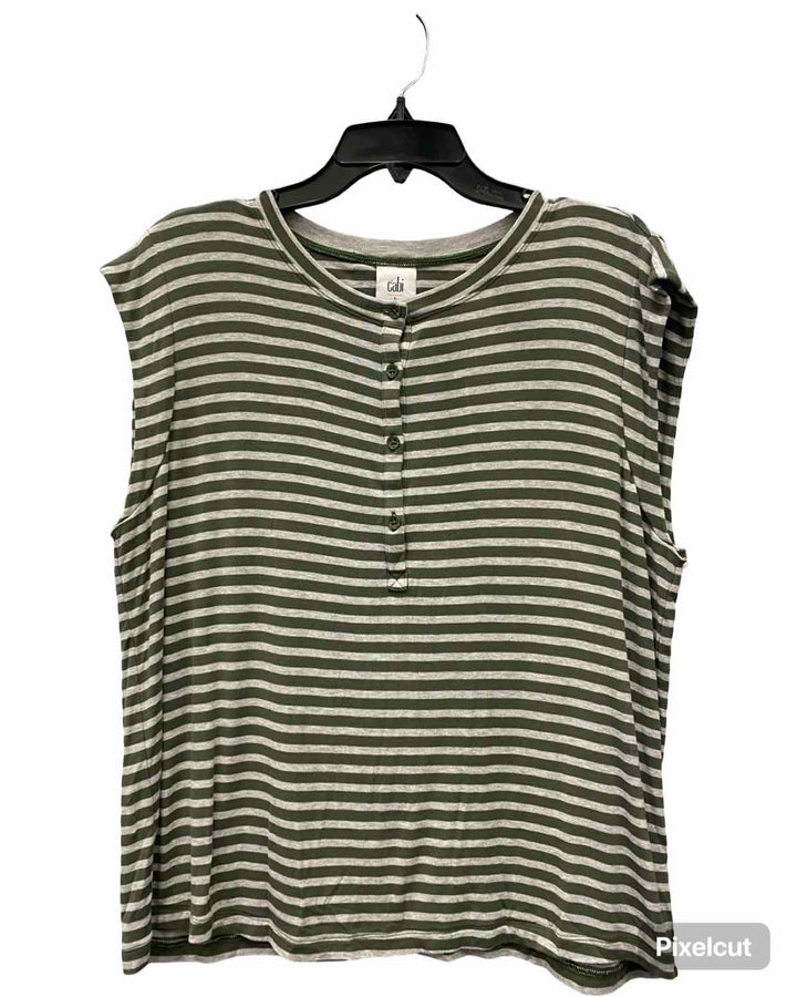 Cabi Size L Grey Green Stripe Short Sleeve Shirts