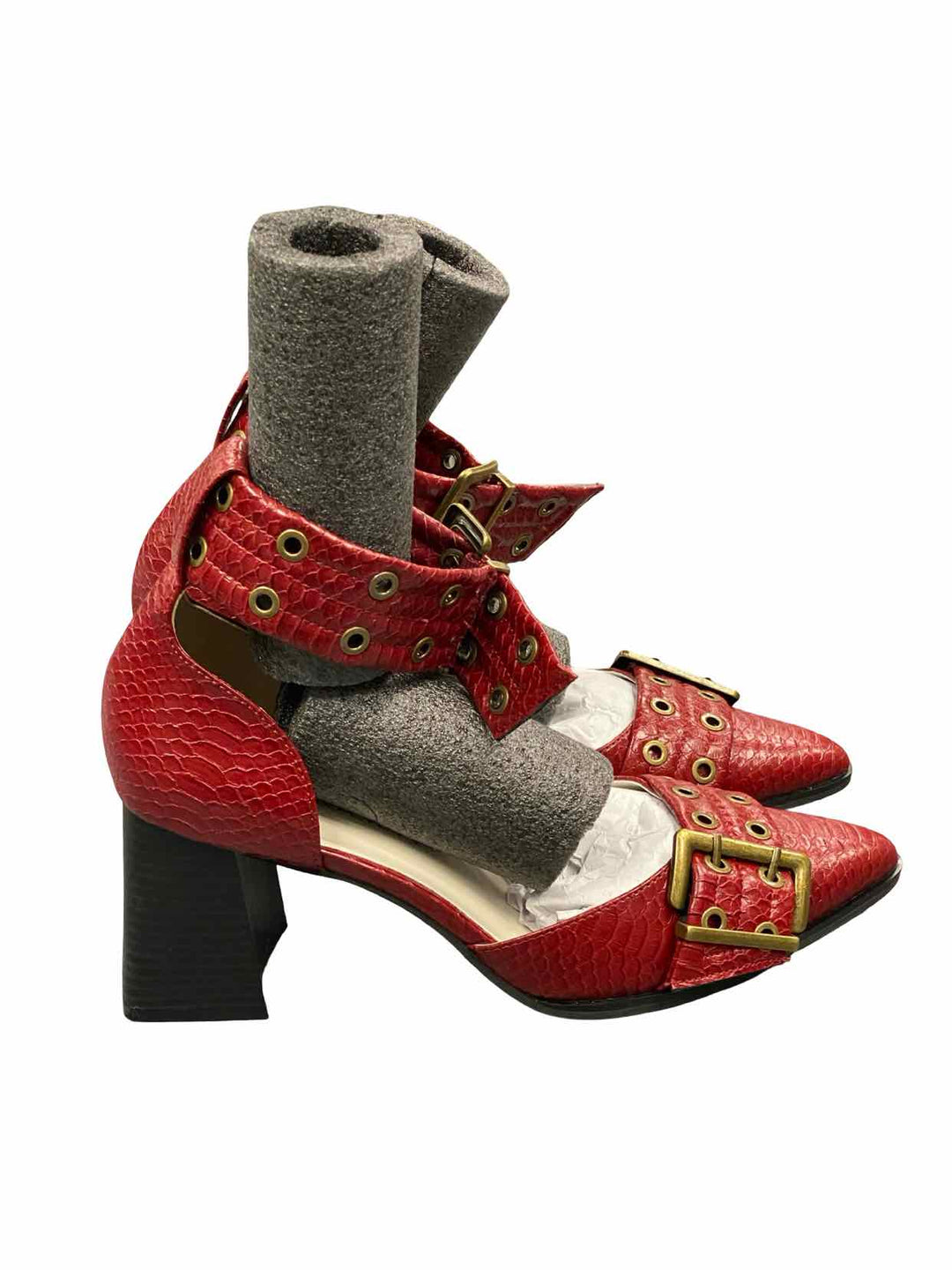 Oasis Society Shoe Size 10 Red Leather Croc-embossed Double Buckle Heels