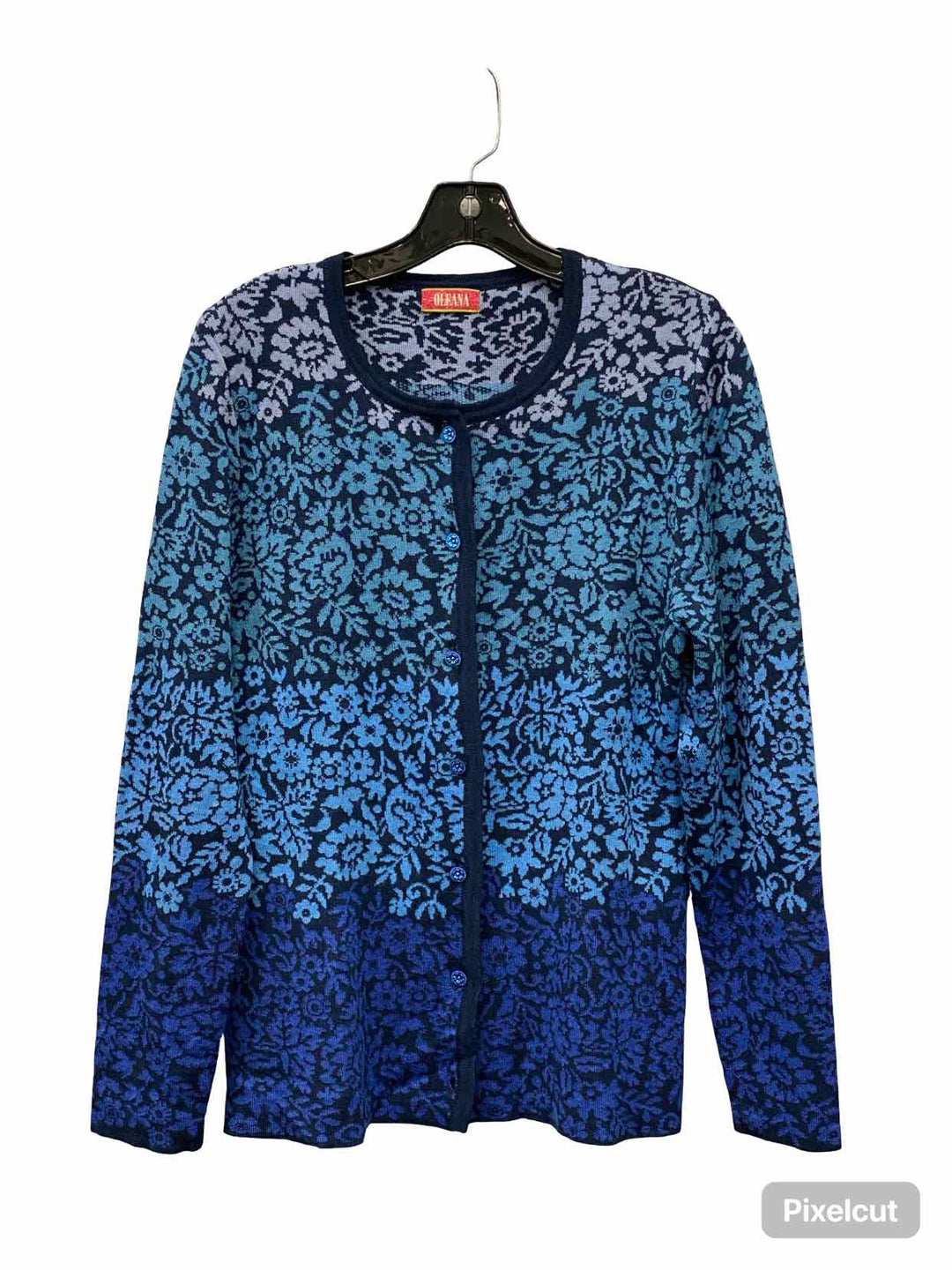 OLEANA Size L Blue Floral Merino wool & silk blend Sweater