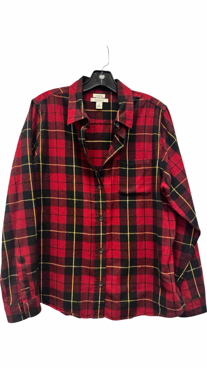 LL Bean Size M Red Black & Yellow Plaid Flannel Long Sleeve Shirts