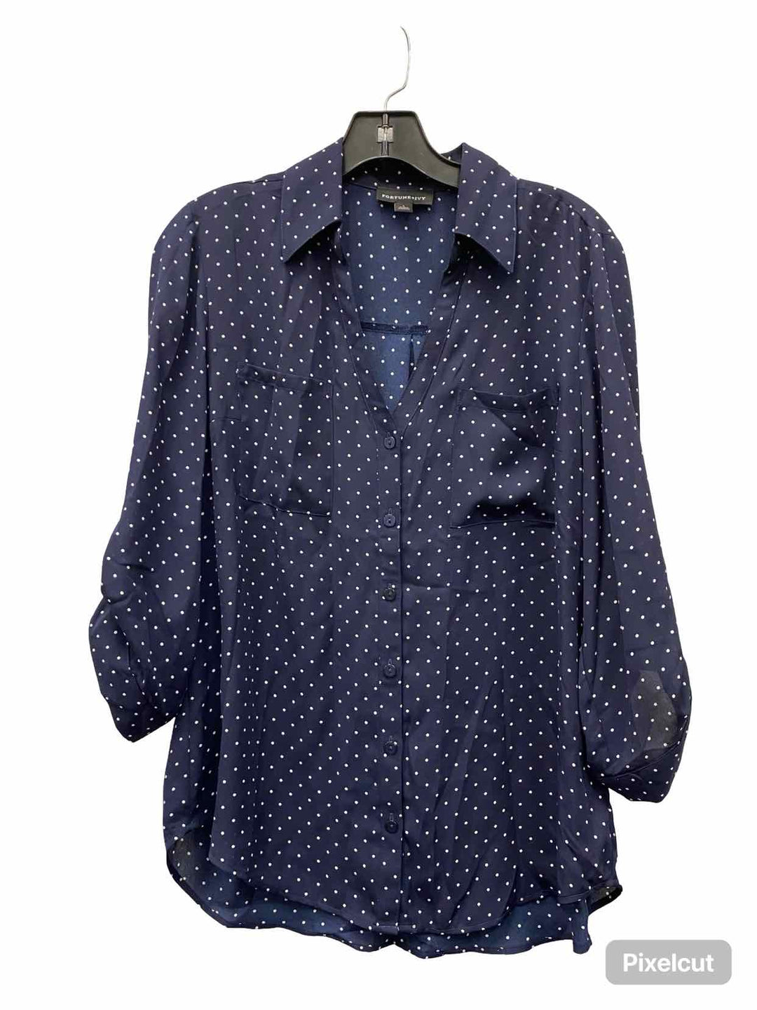 Fortune + Ivy Size L Navy Blue White Polka Dot Long Sleeve Shirts