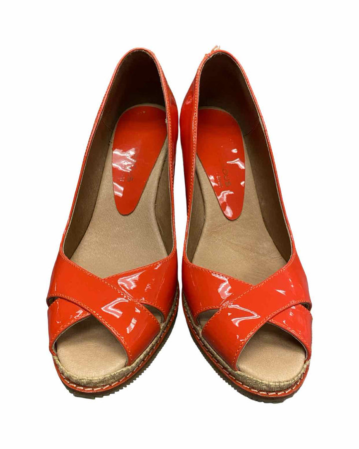 Andre Assous Shoe Size 6.5 Red Patent Leather Wedge Peep-Toe Heels