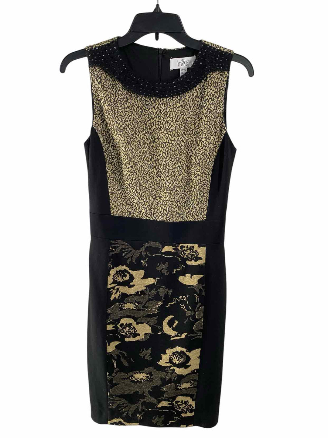 Badgley Mischka Size 2 Black Gold Print Dress