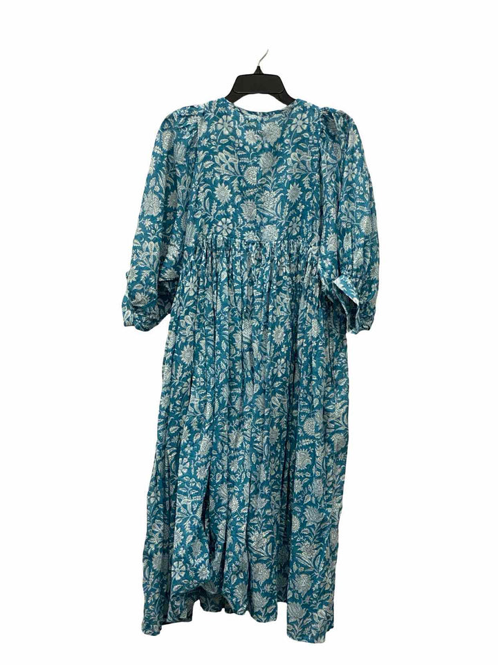 Daughters of India Size S Blue White Floral 100% cotton Dress