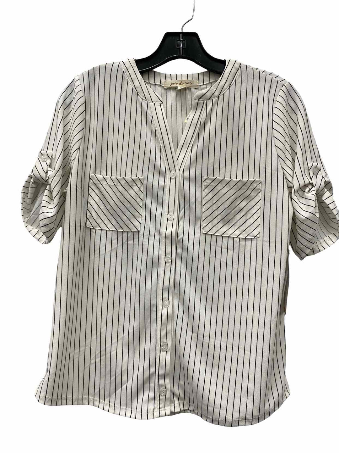 Joie De Vivre Size M White Black Striped Button Up Short Sleeve Shirts